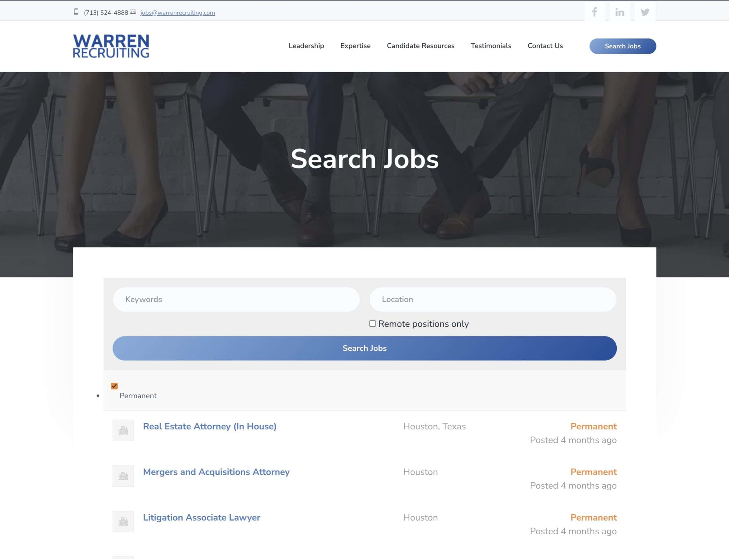 warrenrecruiting.com Search Jobs function Legal Recruiting Website Migration, Redesign, & Development