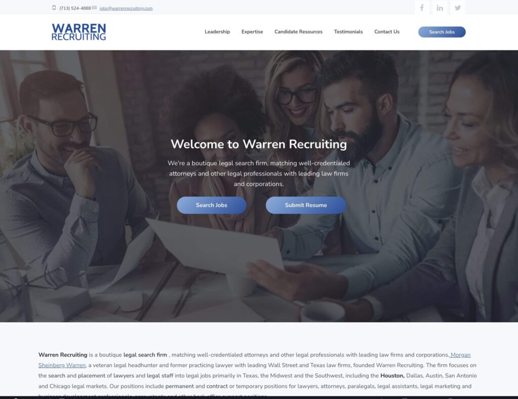 warrenrecruiting.com Warren Recruiting - Texas Area Legal Search Firm home page Legal Recruiting Website Migration, Redesign, & Development
