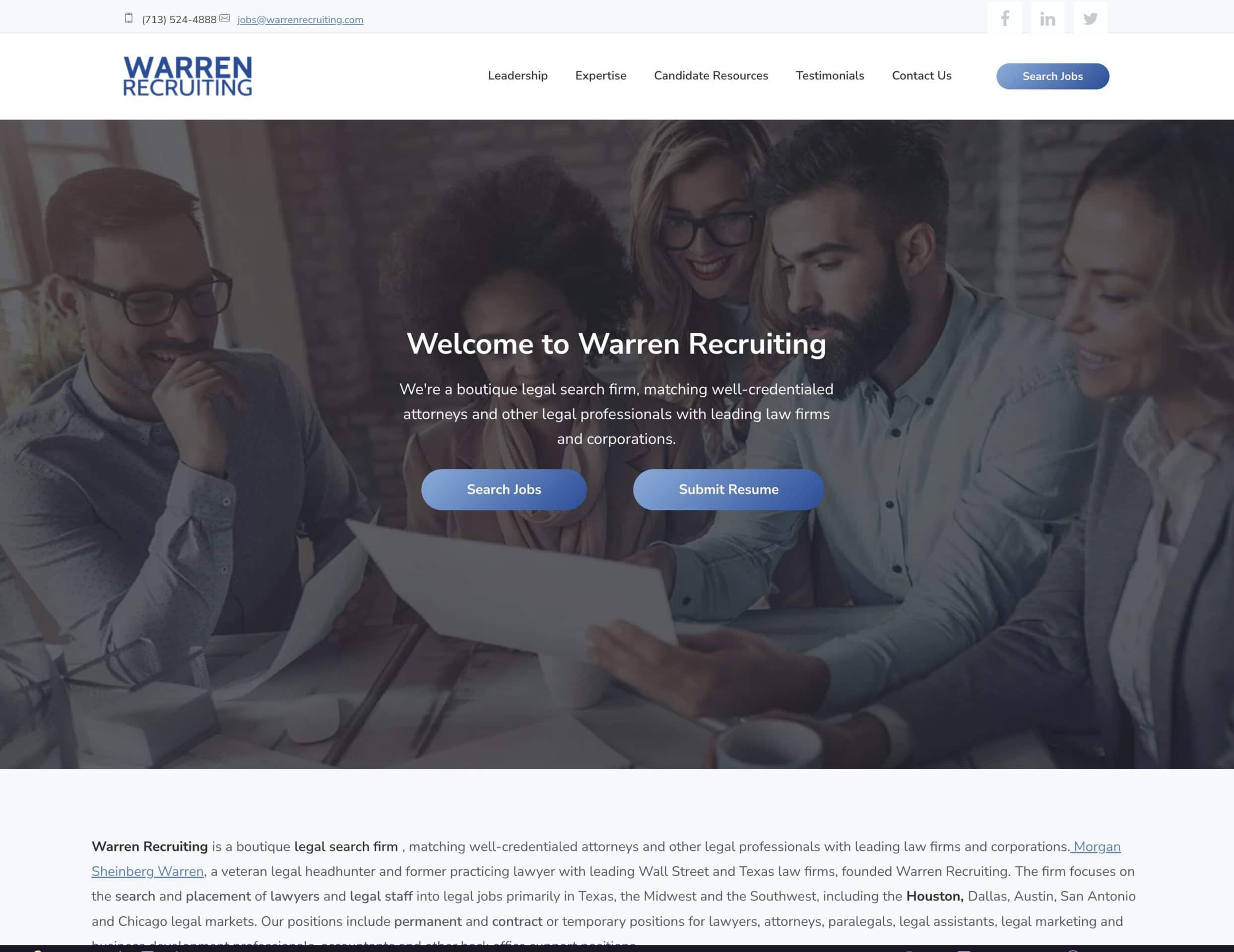 warrenrecruiting.com Warren Recruiting - Texas Area Legal Search Firm home page Legal Recruiting Website Migration, Redesign, & Development