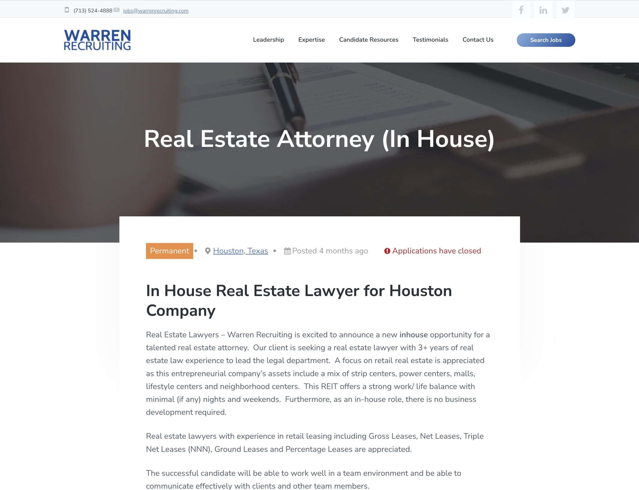 warrenrecruiting.com job listing Legal Recruiting Website Migration, Redesign, & Development